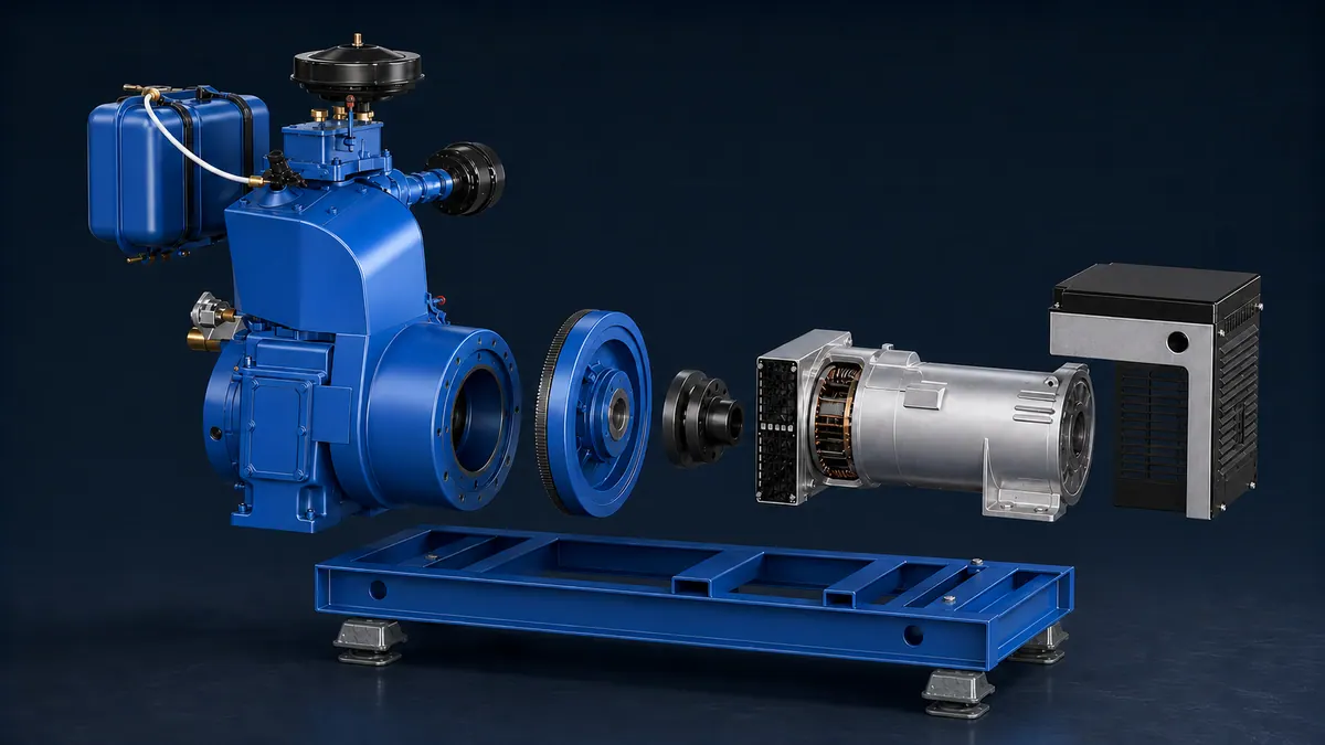 Illustrative exploded diesel generator showing its major assemblies